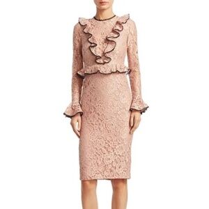 Alexis Mariette Lace Ruffle Long Sleeve Dress Blush Pink and Black